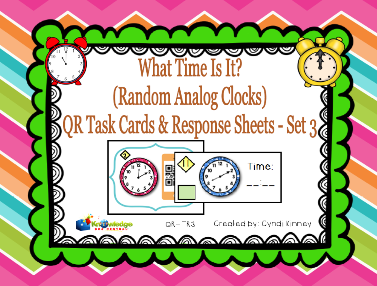 An educational teaching resource from Knowledge Box Central entitled What Time Is it? QR Task Cards & Response Sheets - Random Analog Clocks - Set 3 - EBOOK downloadable at Teach Simple.