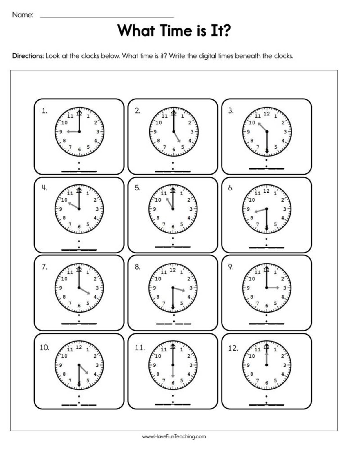An educational teaching resource from Have Fun Teaching entitled What Time Is It Worksheet downloadable at Teach Simple.