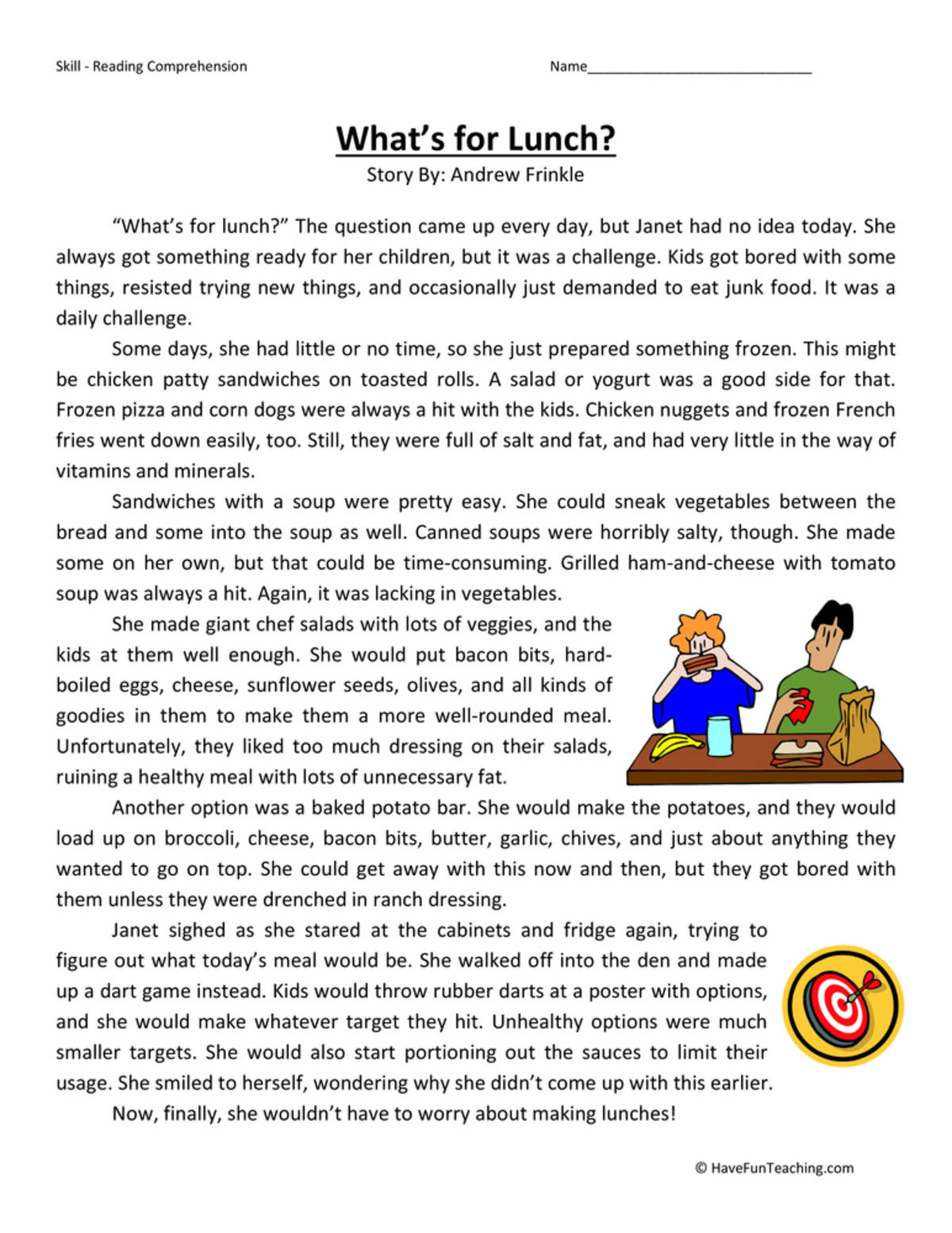 An educational teaching resource from Have Fun Teaching entitled What's For Lunch? Reading Comprehension Worksheet downloadable at Teach Simple.