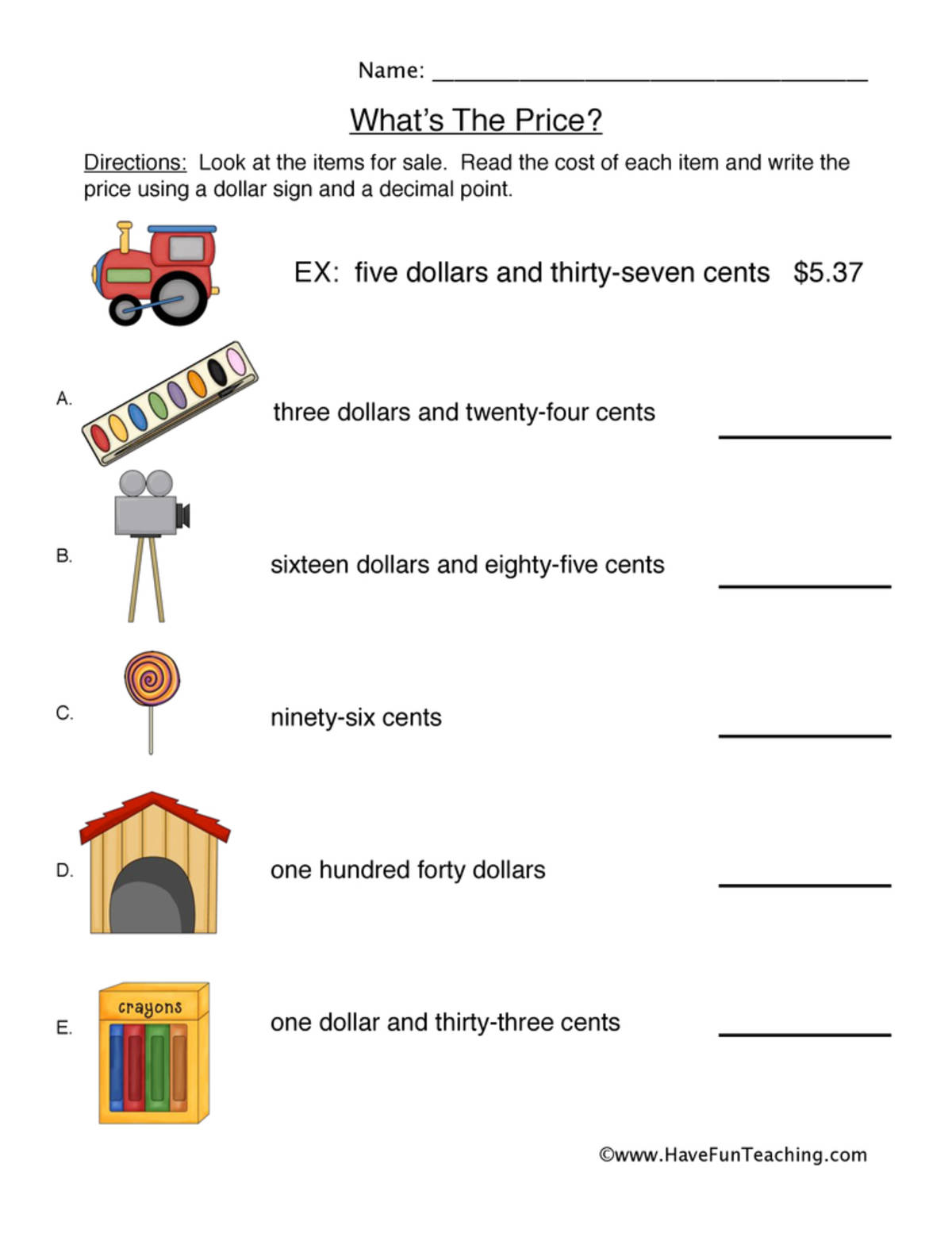 An educational teaching resource from Have Fun Teaching entitled Whats the Price Worksheet downloadable at Teach Simple.