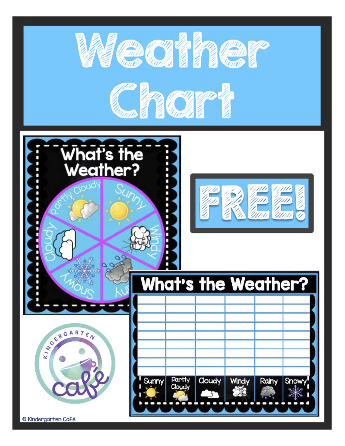 An educational teaching resource from Kindergarten Cafe entitled What's the Weather? Spinner and Chart | Black Neon Design downloadable at Teach Simple.