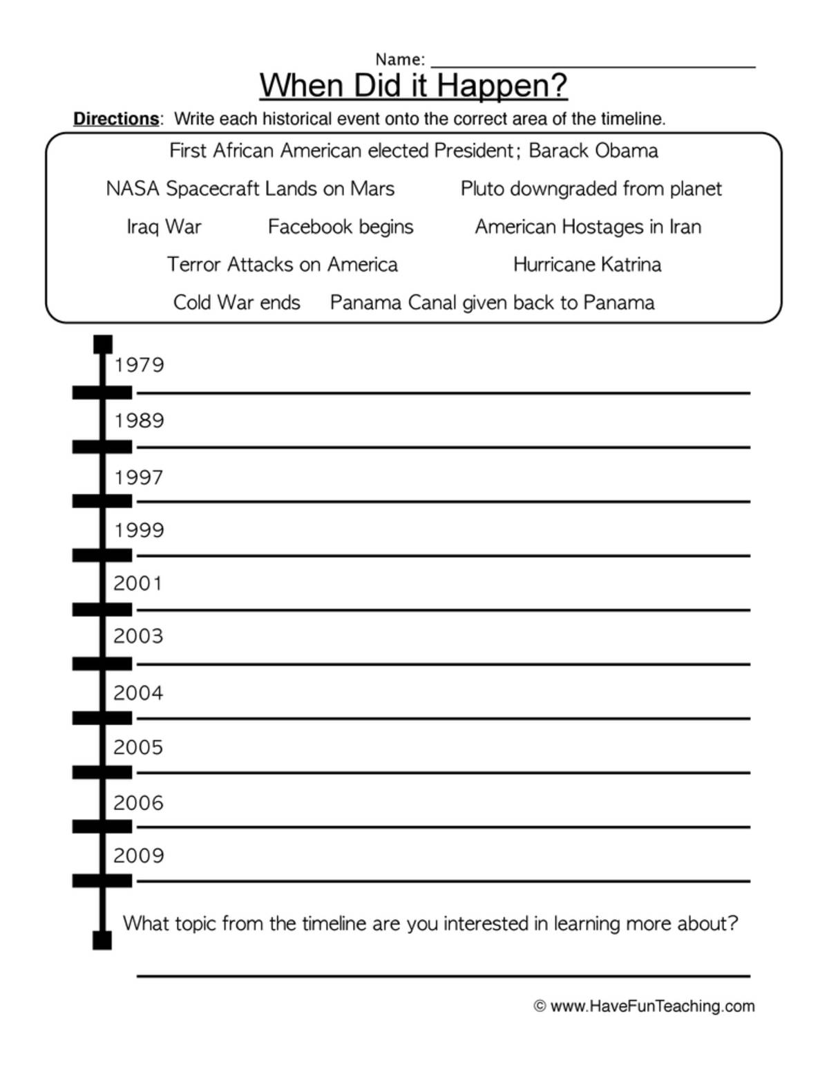 An educational teaching resource from Have Fun Teaching entitled When Did it Happen in History Worksheet downloadable at Teach Simple.