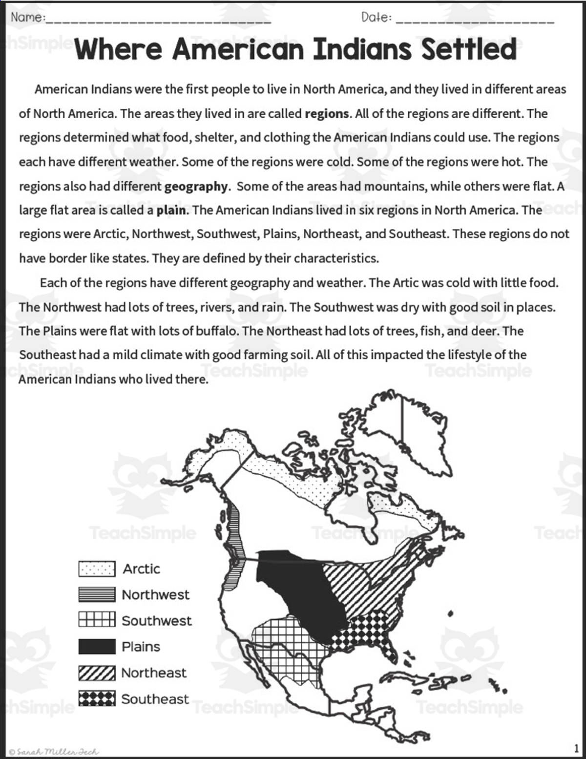 An educational teaching resource from Sarah Miller Tech entitled Where American Indians Settled Reading Packet downloadable at Teach Simple.