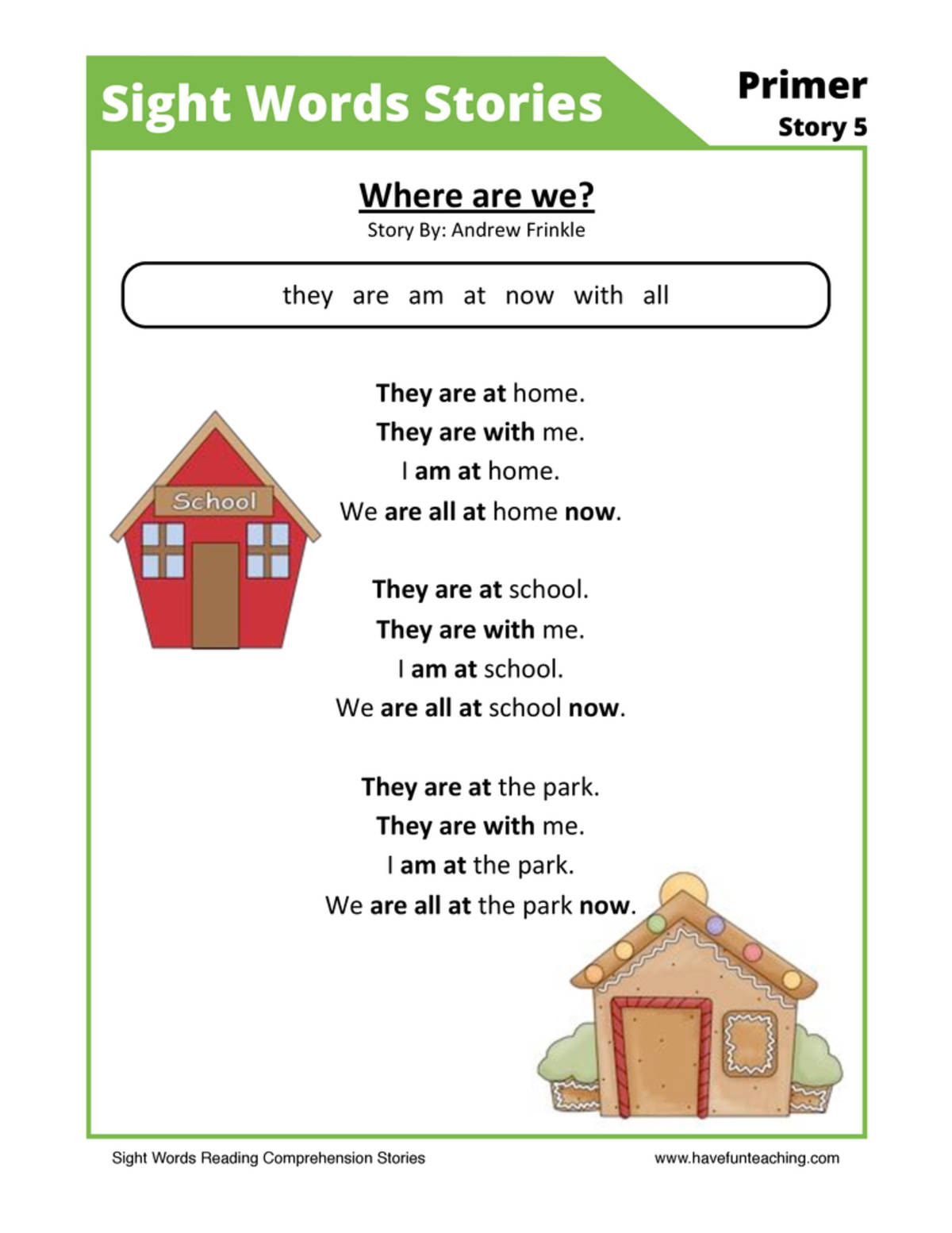 An educational teaching resource from Have Fun Teaching entitled Where are We? Primer Sight Words Reading Comprehension Worksheet downloadable at Teach Simple.
