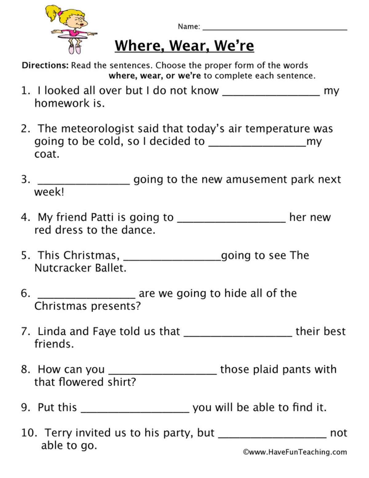 An educational teaching resource from Have Fun Teaching entitled Where, Wear, We're Homophones Worksheet downloadable at Teach Simple.