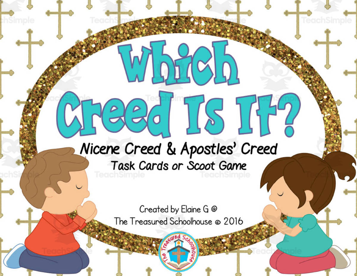 An educational teaching resource from The Treasured Schoolhouse entitled Which Creed Is It? Task Cards downloadable at Teach Simple.