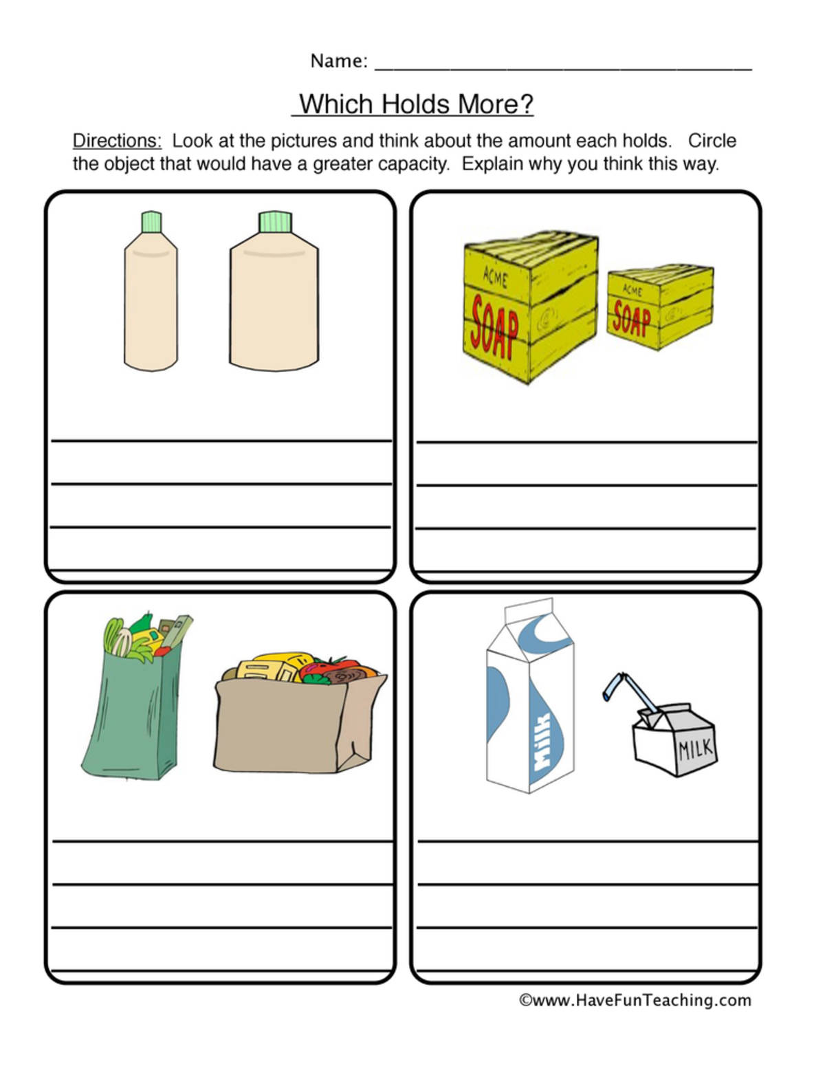 An educational teaching resource from Have Fun Teaching entitled Which Holds More? Capacity Worksheet downloadable at Teach Simple.