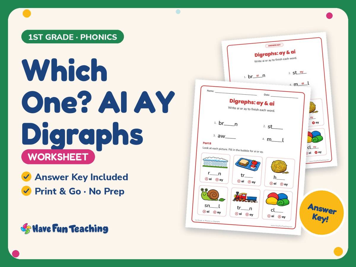 Which One? AI AY Digraphs Worksheet – 1st Grade Long Vowels Practice preview