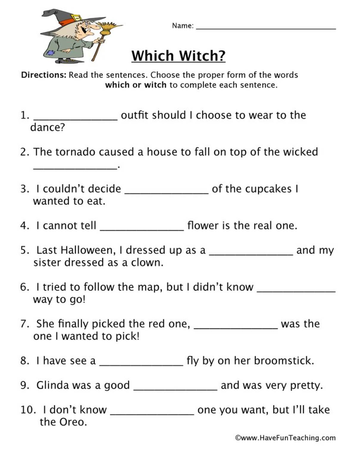 An educational teaching resource from Have Fun Teaching entitled Which, Witch Homophones Worksheet downloadable at Teach Simple.