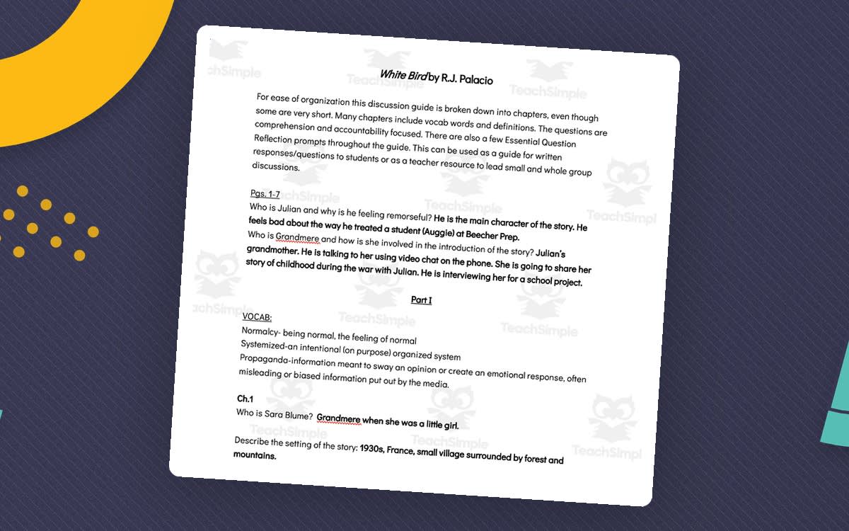 An educational teaching resource from Hey Teacher Shoppe entitled White Bird Discussion Questions downloadable at Teach Simple.