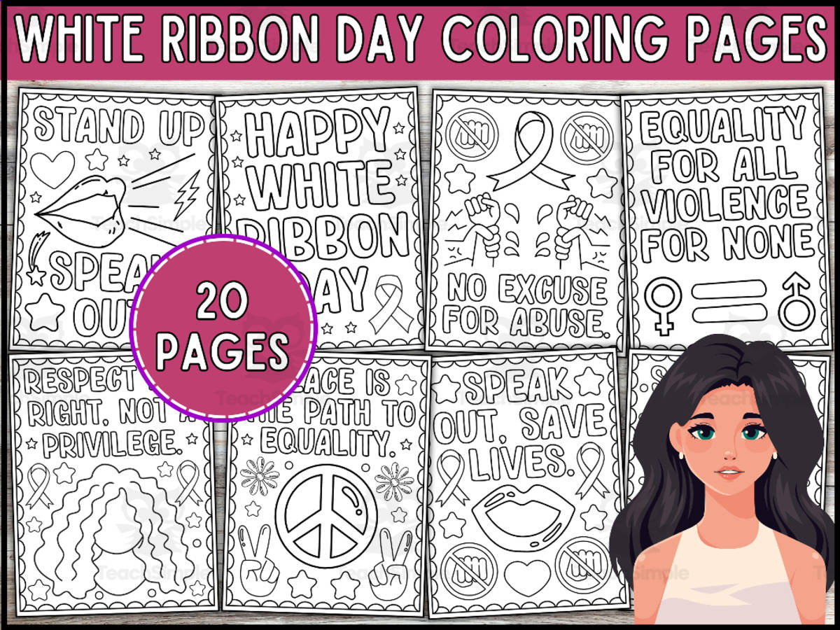 An educational teaching resource from Wonderland School entitled White Ribbon Day Coloring Pages | International Women's Day downloadable at Teach Simple.