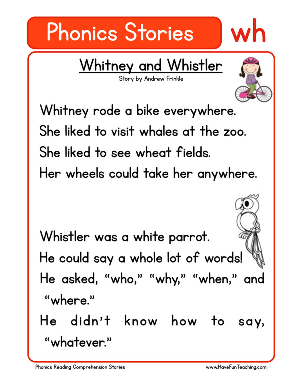 An educational teaching resource from Have Fun Teaching entitled Whitney and Whistler WH Phonics Stories Reading Comprehension Worksheet downloadable at Teach Simple.