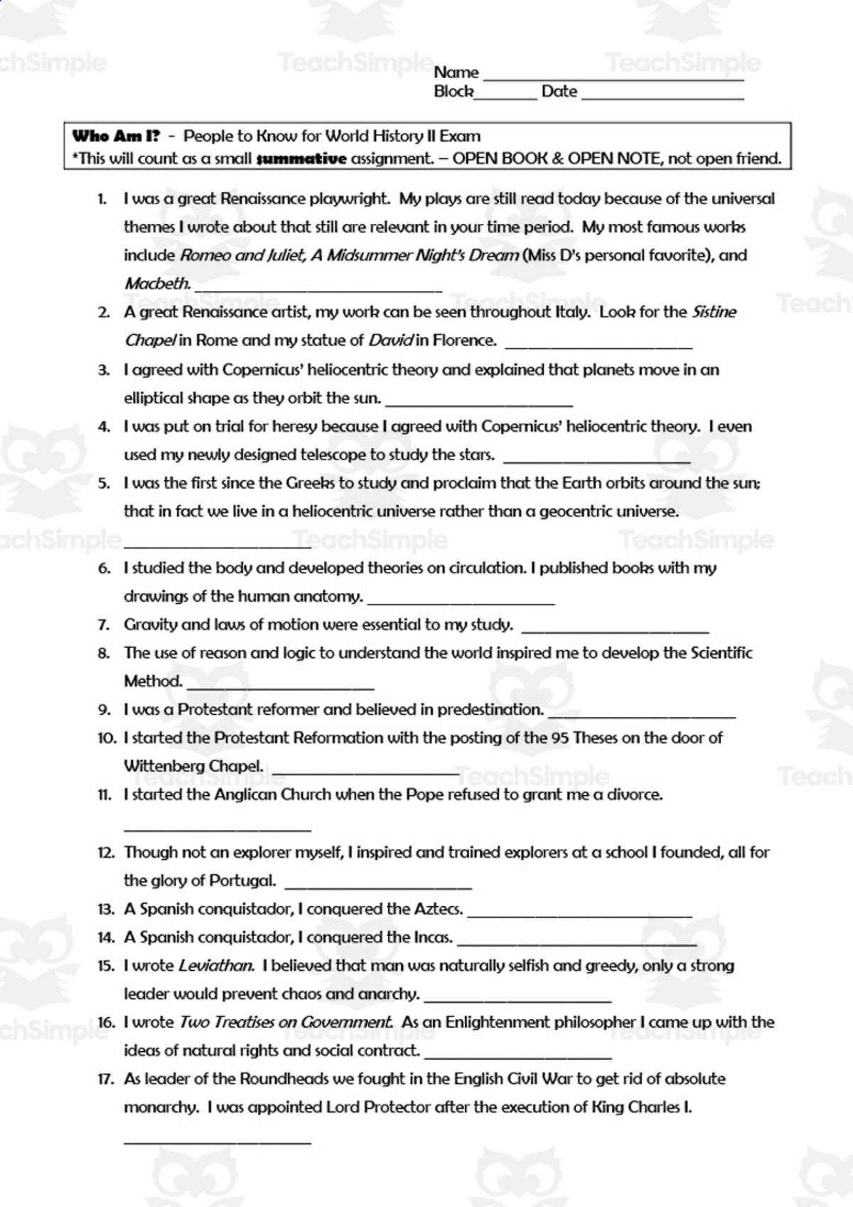 An educational teaching resource from History with DeLong entitled Who Am I Midterm Review SOLs 2 - 7 downloadable at Teach Simple.