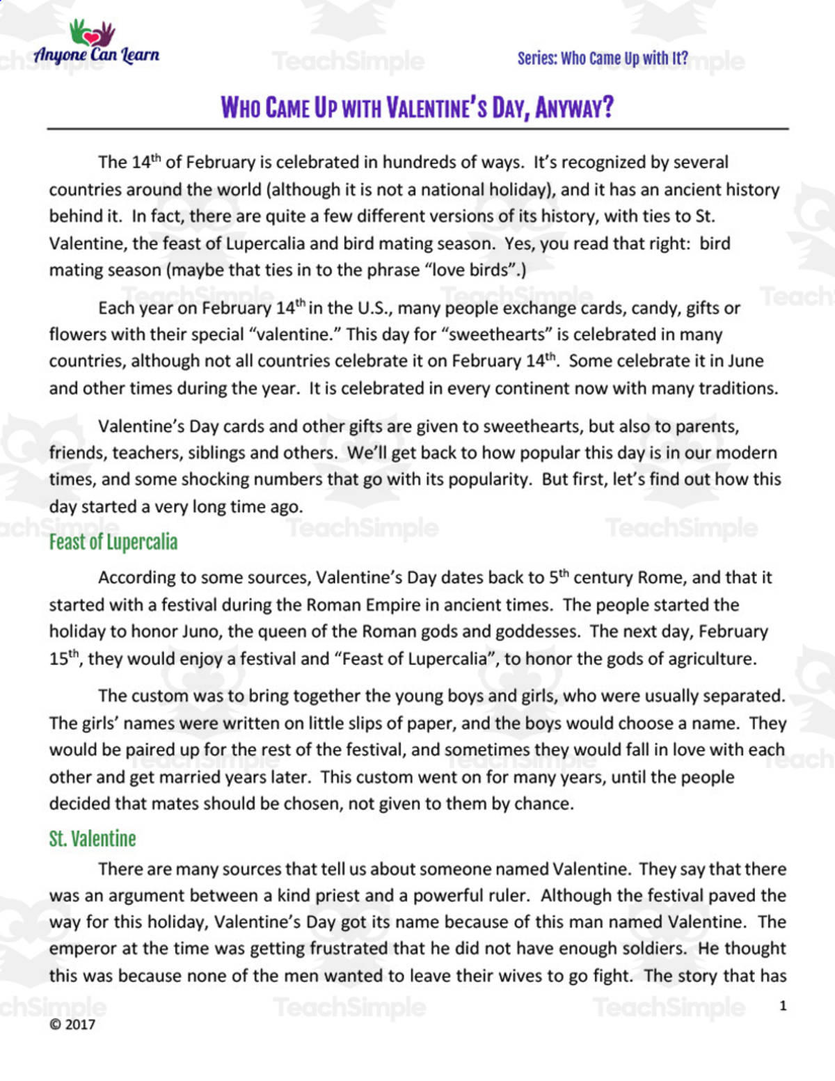 An educational teaching resource from Anyone Can Learn entitled Who Came Up With Valentine's Day, Anyway? downloadable at Teach Simple.