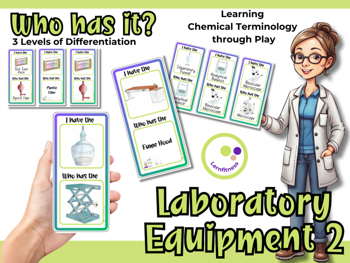 An educational teaching resource from Lernfitness entitled Who Has the Lab Equipment 2 ? β Interactive Science + Chemistry Game downloadable at Teach Simple.