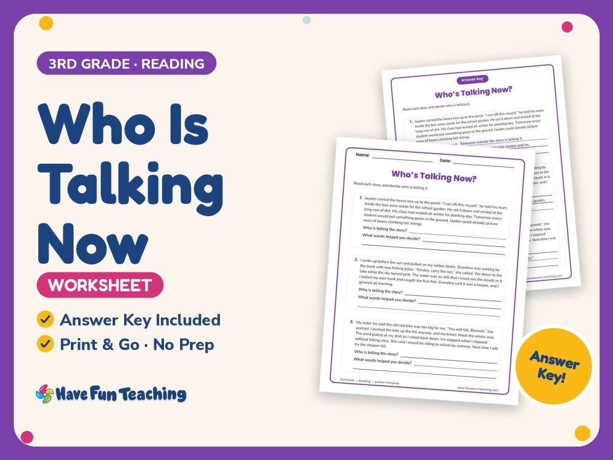 Who Is Talking Now Worksheet – 3rd Grade Author’s Purpose Practice preview
