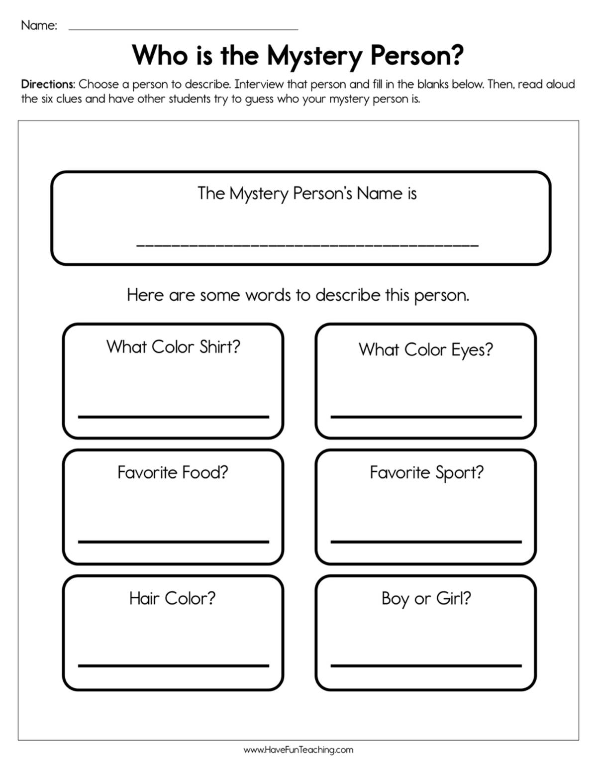 An educational teaching resource from Have Fun Teaching entitled Who is the Mystery Person Worksheet downloadable at Teach Simple.