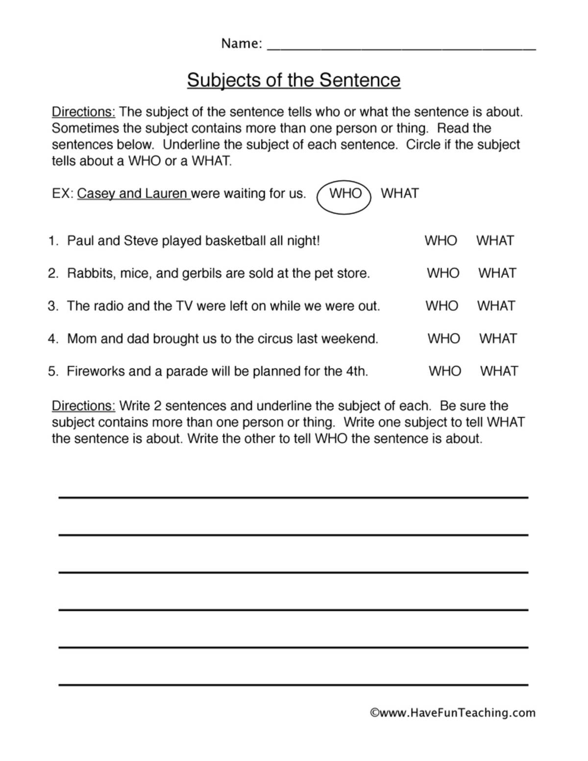 An educational teaching resource from Have Fun Teaching entitled Who or What? Compound Subjects Worksheet downloadable at Teach Simple.