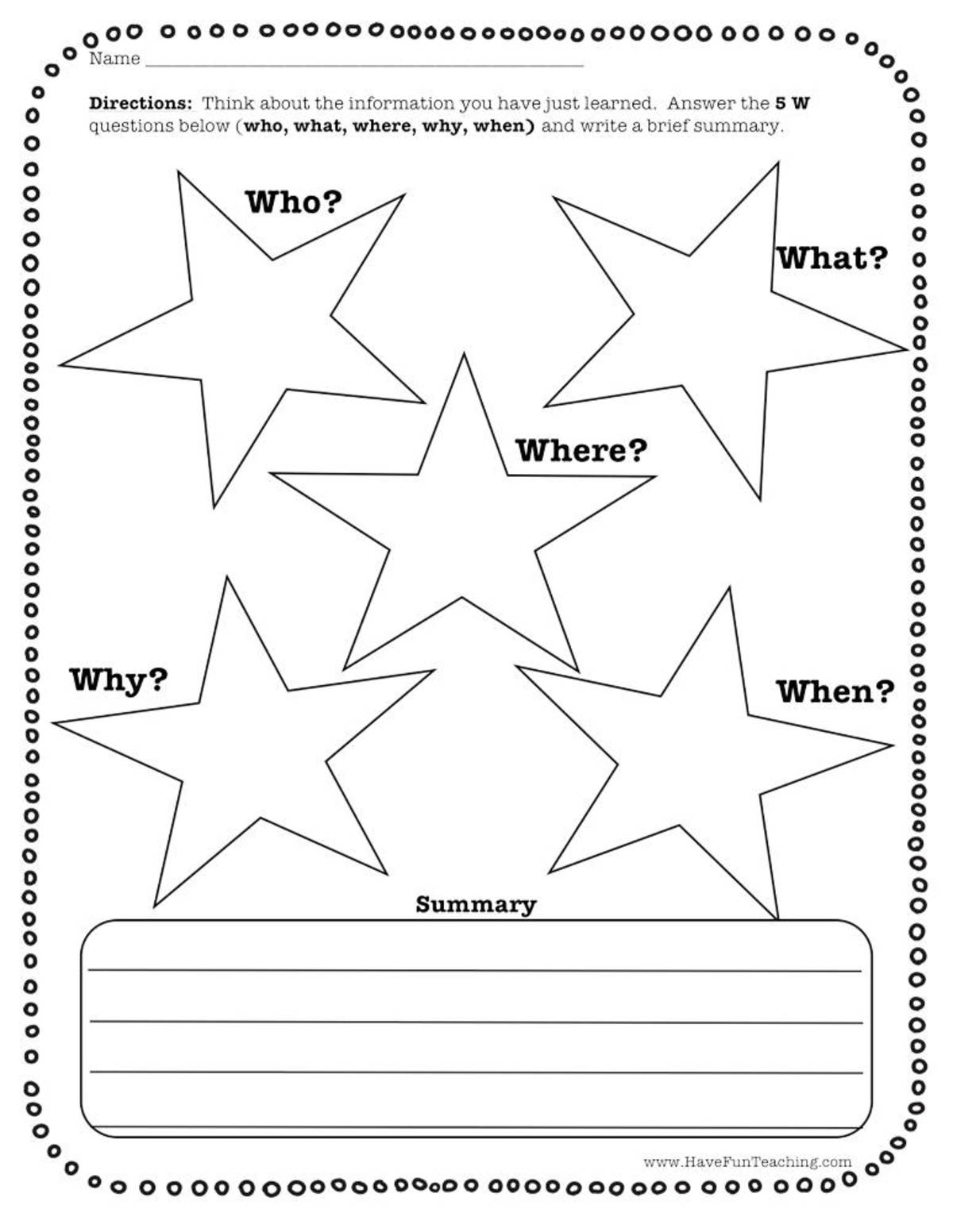 An educational teaching resource from Have Fun Teaching entitled Who What When Where Why Summary Graphic Organizer Worksheet downloadable at Teach Simple.