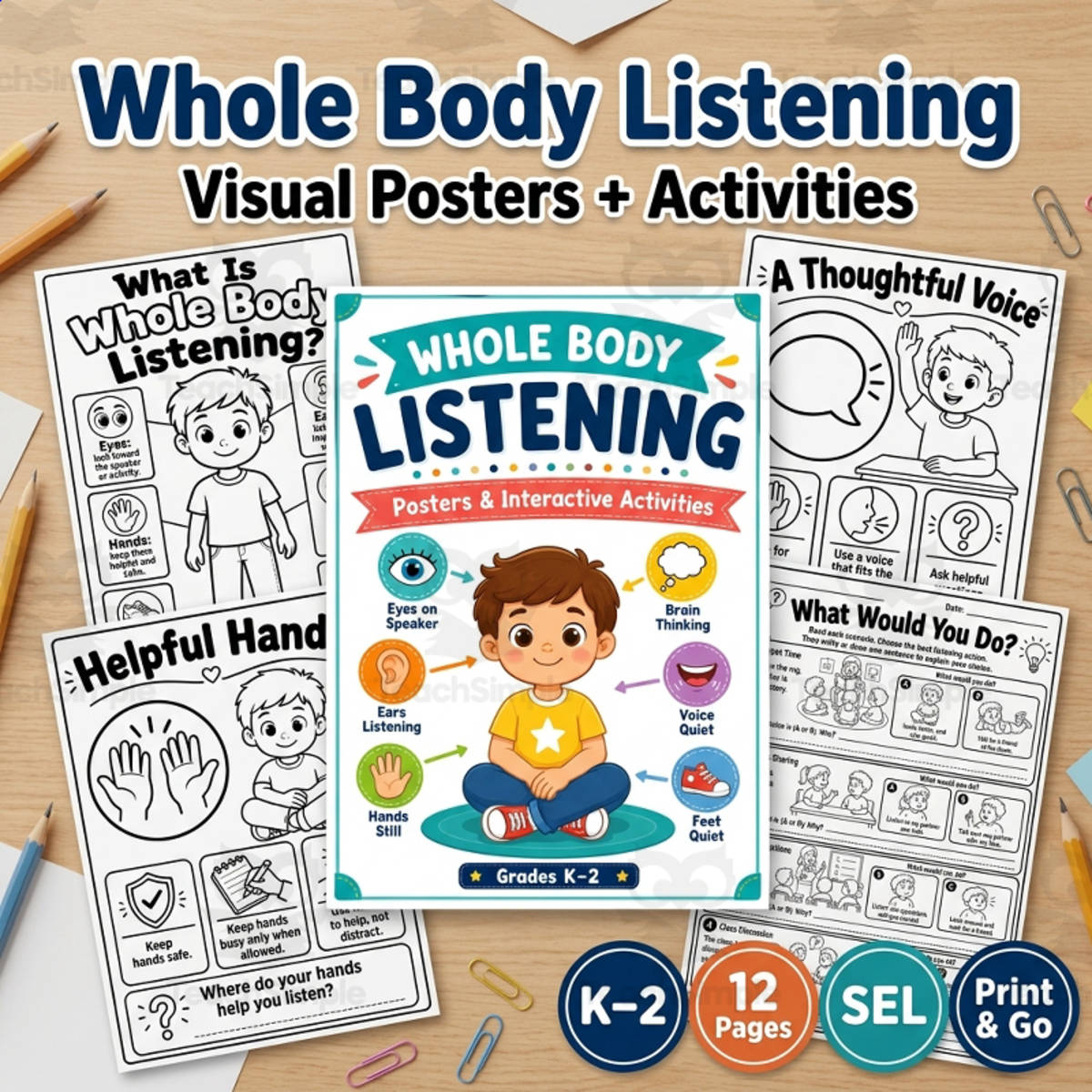 An educational teaching resource from TeachTrend Studio entitled Whole Body Listening Activities | SEL Posters & Listening Skills K-2 downloadable at Teach Simple.