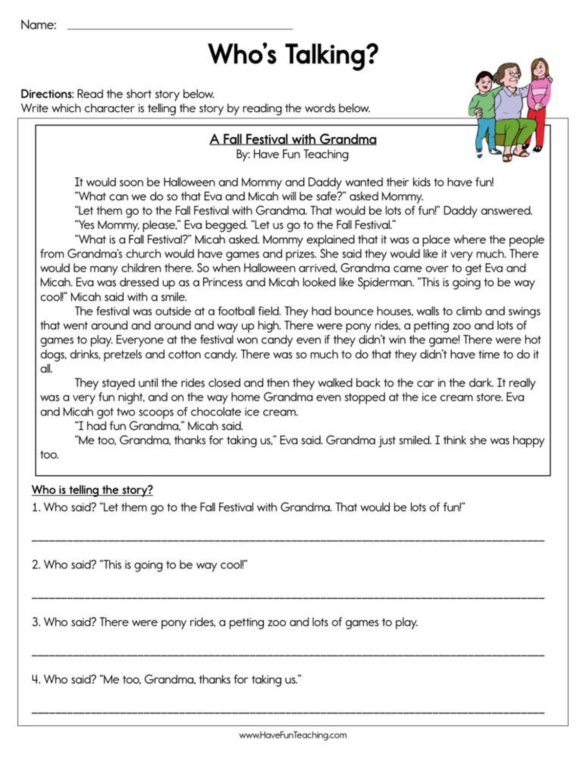 An educational teaching resource from Have Fun Teaching entitled Who's Talking Worksheet downloadable at Teach Simple.