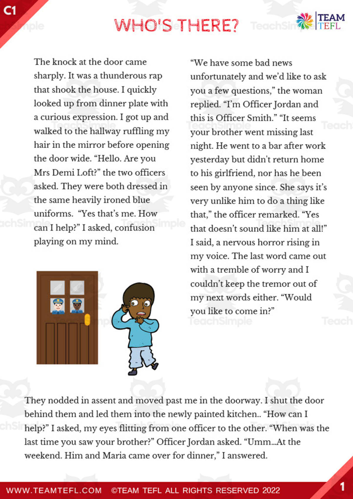 An educational teaching resource from TEAM TEFL entitled Who's There? Short Story | Advanced Lesson Plan downloadable at Teach Simple.