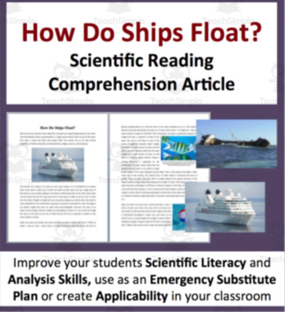 An educational teaching resource from Teach With Fergy entitled Why Boats Float - Density and Buoyancy - Digital Science Reading Article downloadable at Teach Simple.