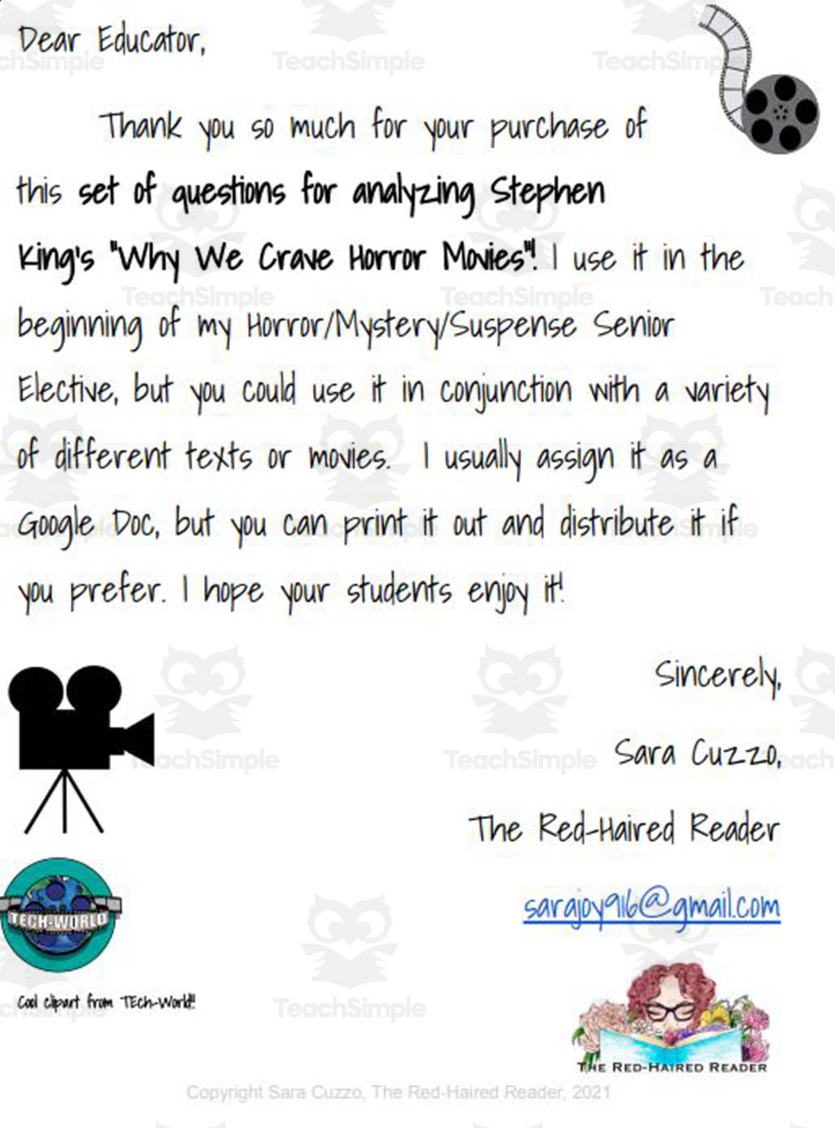 An educational teaching resource from The Red-Haired Reader entitled Why We Crave Horror Movies Stephen King Analysis and Comprehension Google Doc downloadable at Teach Simple.