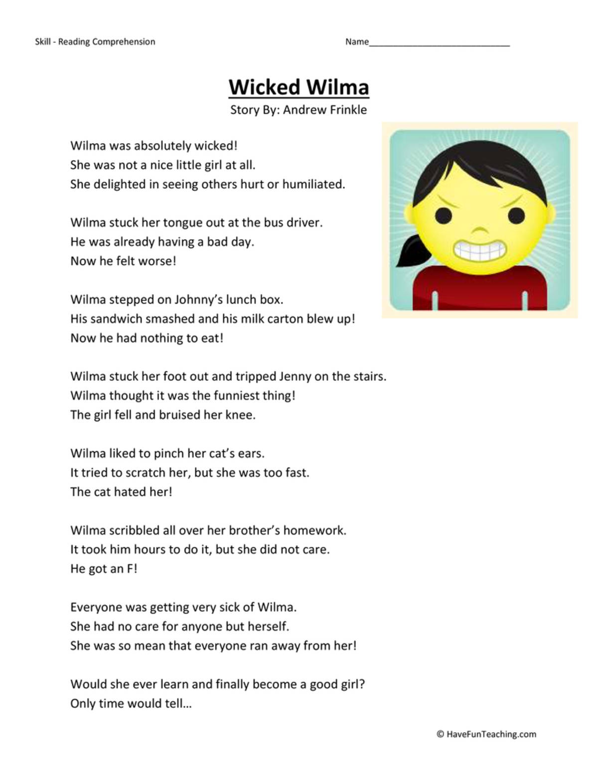 An educational teaching resource from Have Fun Teaching entitled Wicked Wilma Reading Comprehension Worksheet downloadable at Teach Simple.