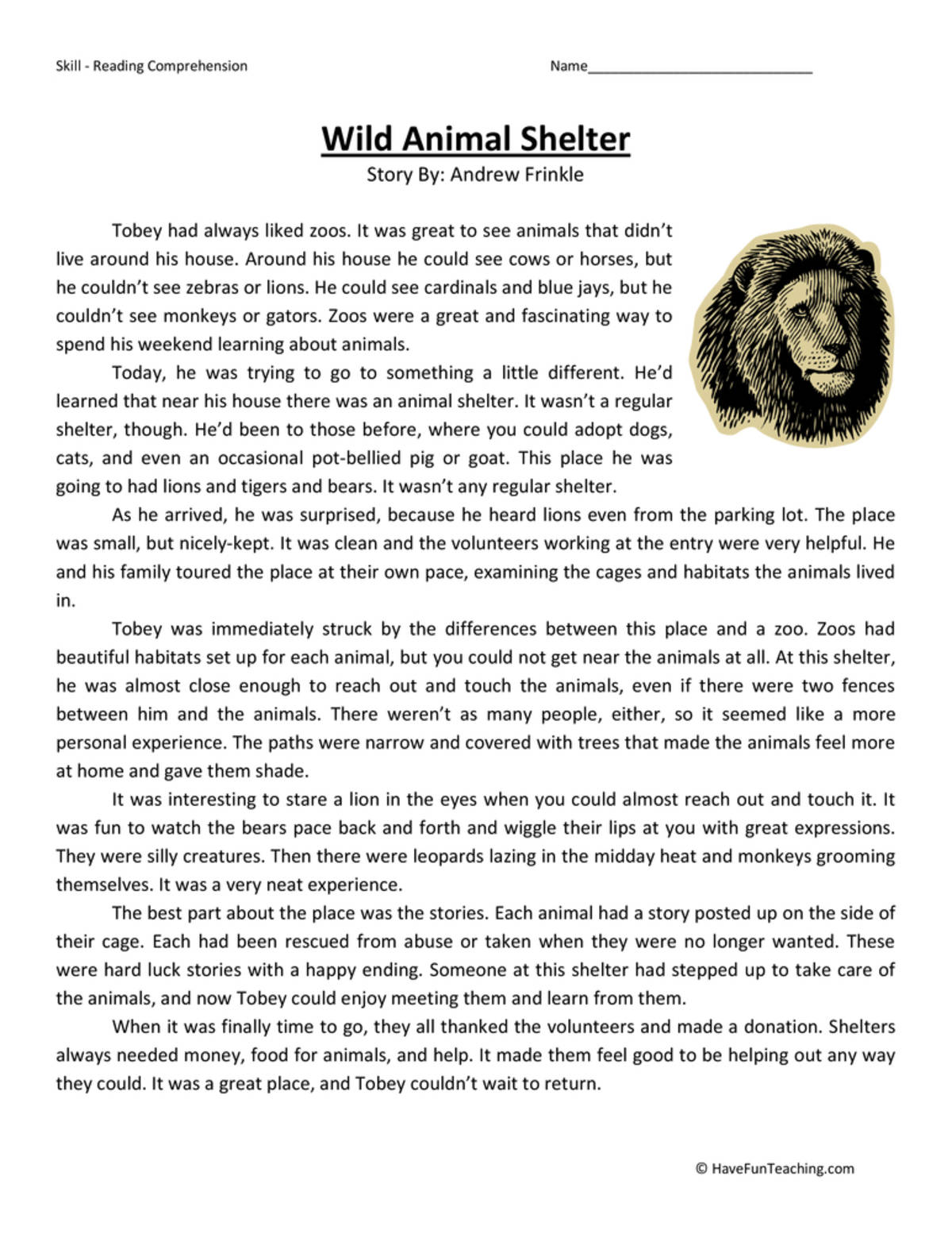 An educational teaching resource from Have Fun Teaching entitled Wild Animal Shelter Reading Comprehension Worksheet downloadable at Teach Simple.