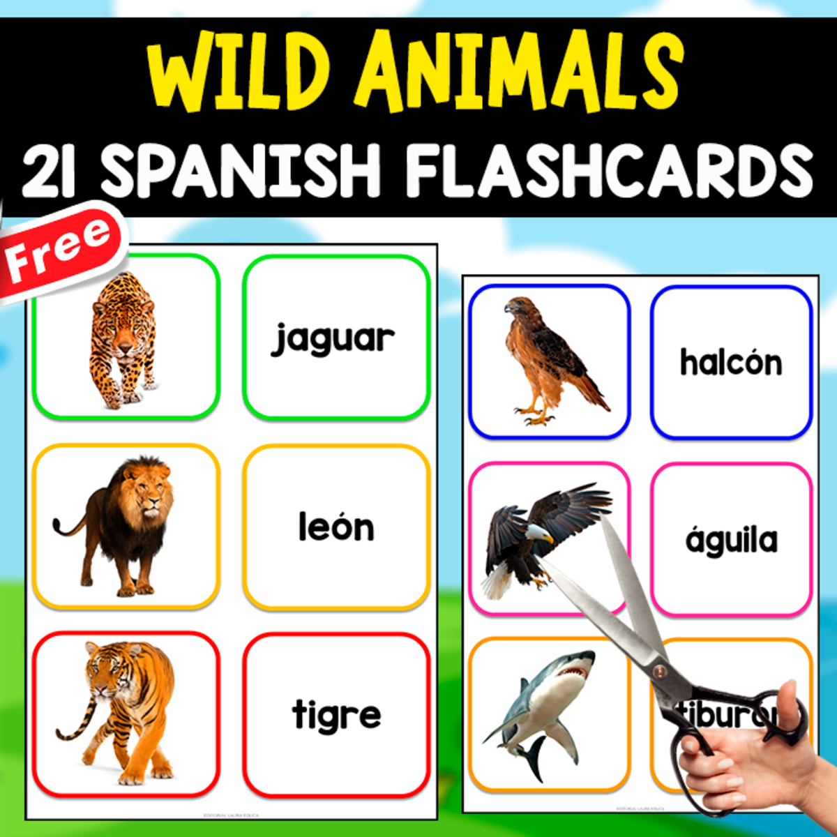 An educational teaching resource from EDITORIAL LAURA EDUCA entitled WILD ANIMALS | 21 SPANISH FLASHCARDS downloadable at Teach Simple.