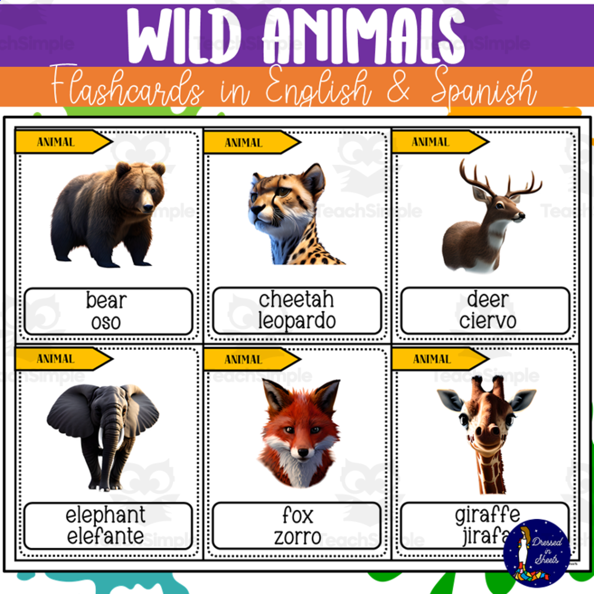 An educational teaching resource from Soumara Siddiqui entitled Wild Animals Flashcards in English and Spanish downloadable at Teach Simple.
