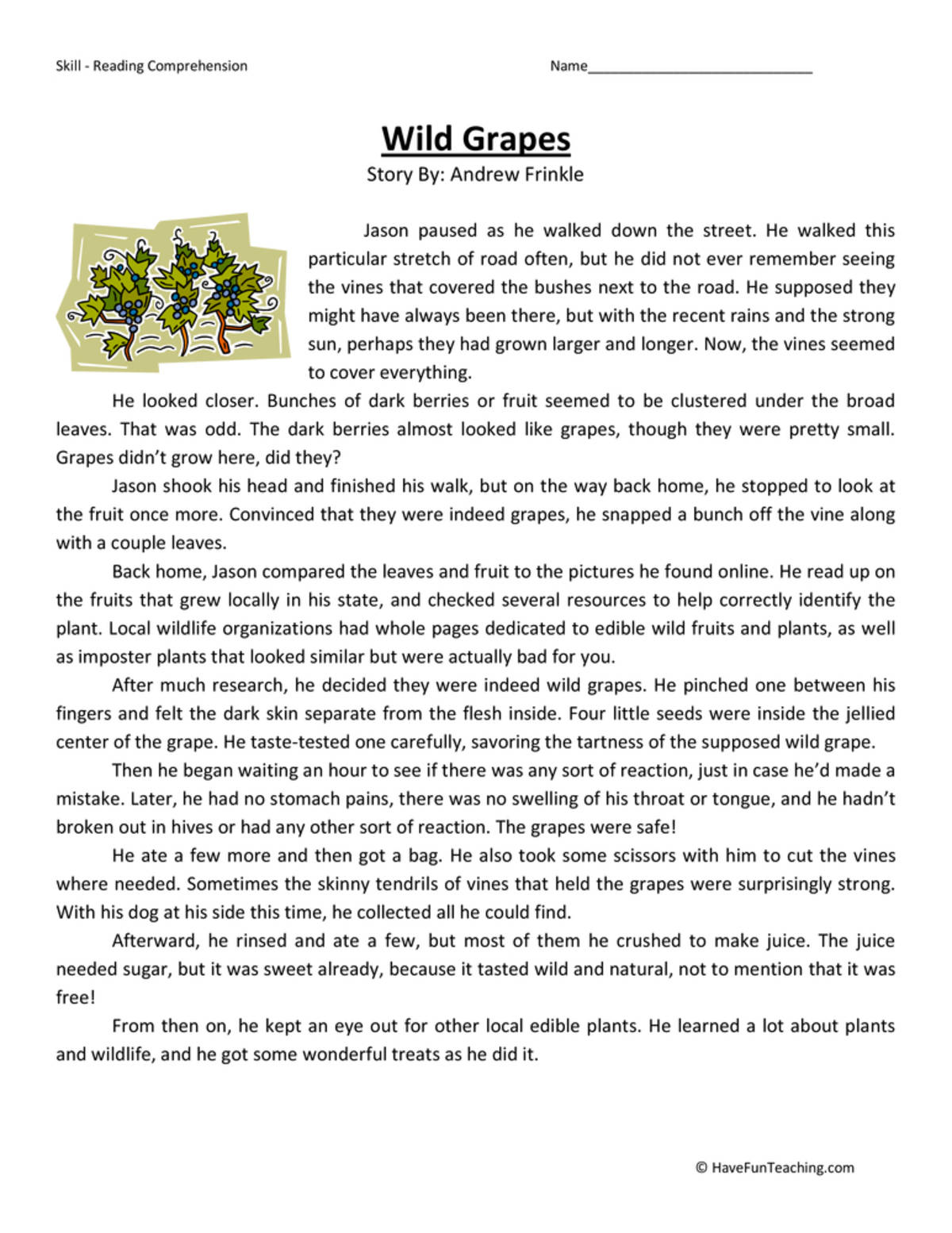 An educational teaching resource from Have Fun Teaching entitled Wild Grapes Reading Comprehension Worksheet downloadable at Teach Simple.