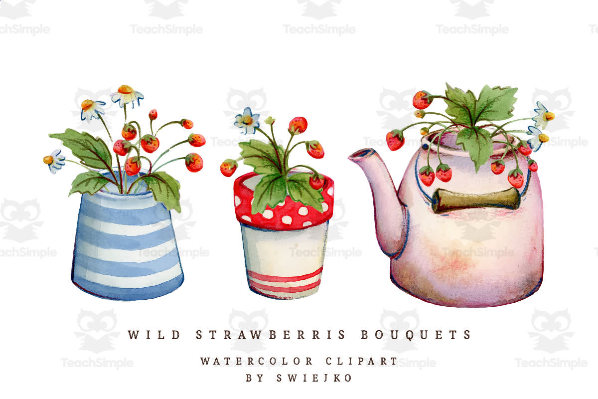 An educational teaching resource from Swiejko entitled Wild Strawberries, cottage style, bouquets in cups, pitcher, jug, rusty kettle downloadable at Teach Simple.