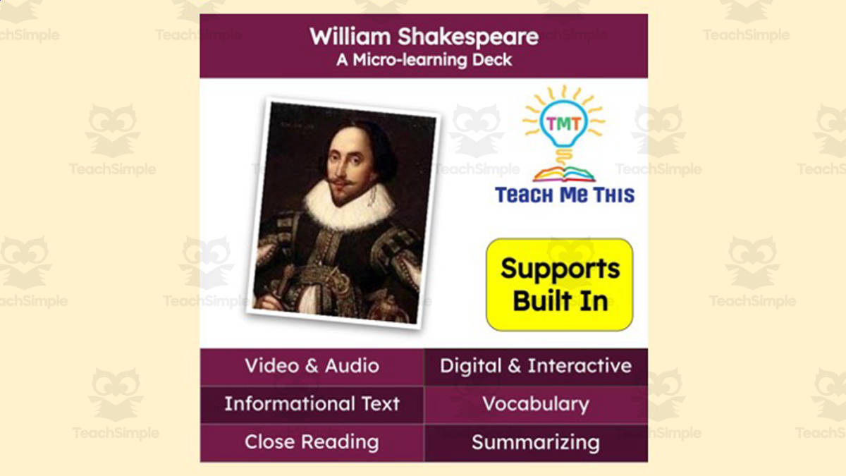 An educational teaching resource from Teach Me This entitled William Shakespeare | Reading Comprehension Deck | Interactive Lesson downloadable at Teach Simple.