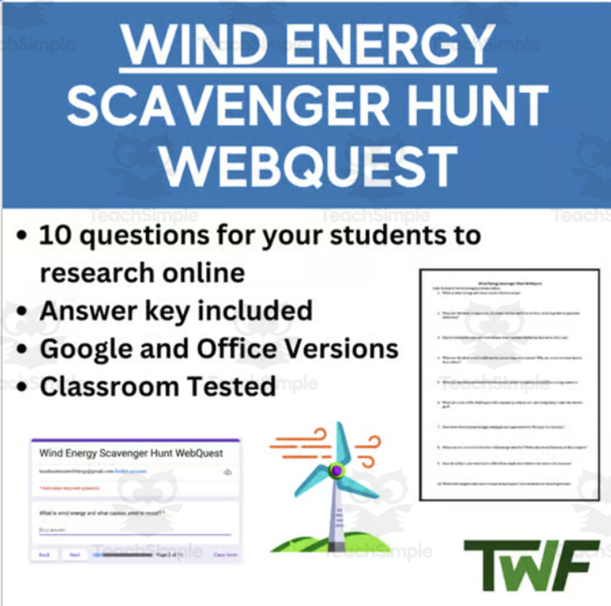 An educational teaching resource from Teach With Fergy entitled Wind Energy Scavenger Hunt & WebQuest downloadable at Teach Simple.