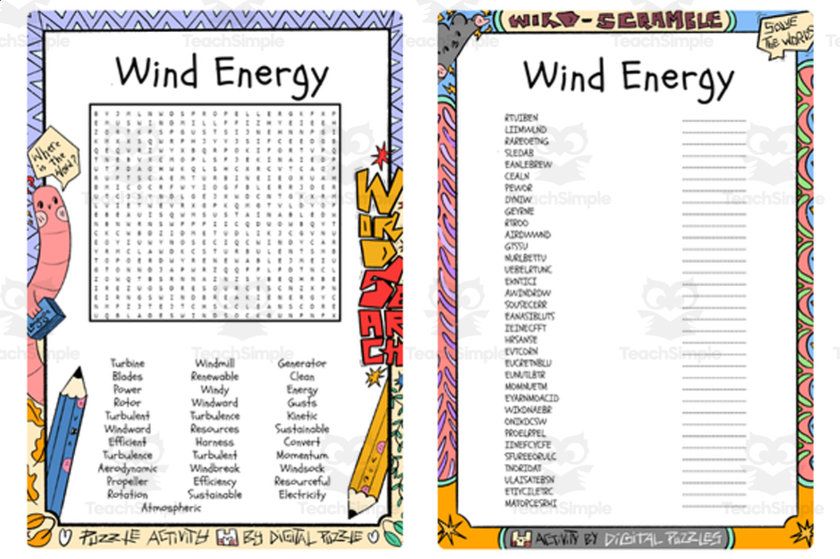 An educational teaching resource from Lapiiin Art Activities entitled Wind Energy word search & scramble downloadable at Teach Simple.