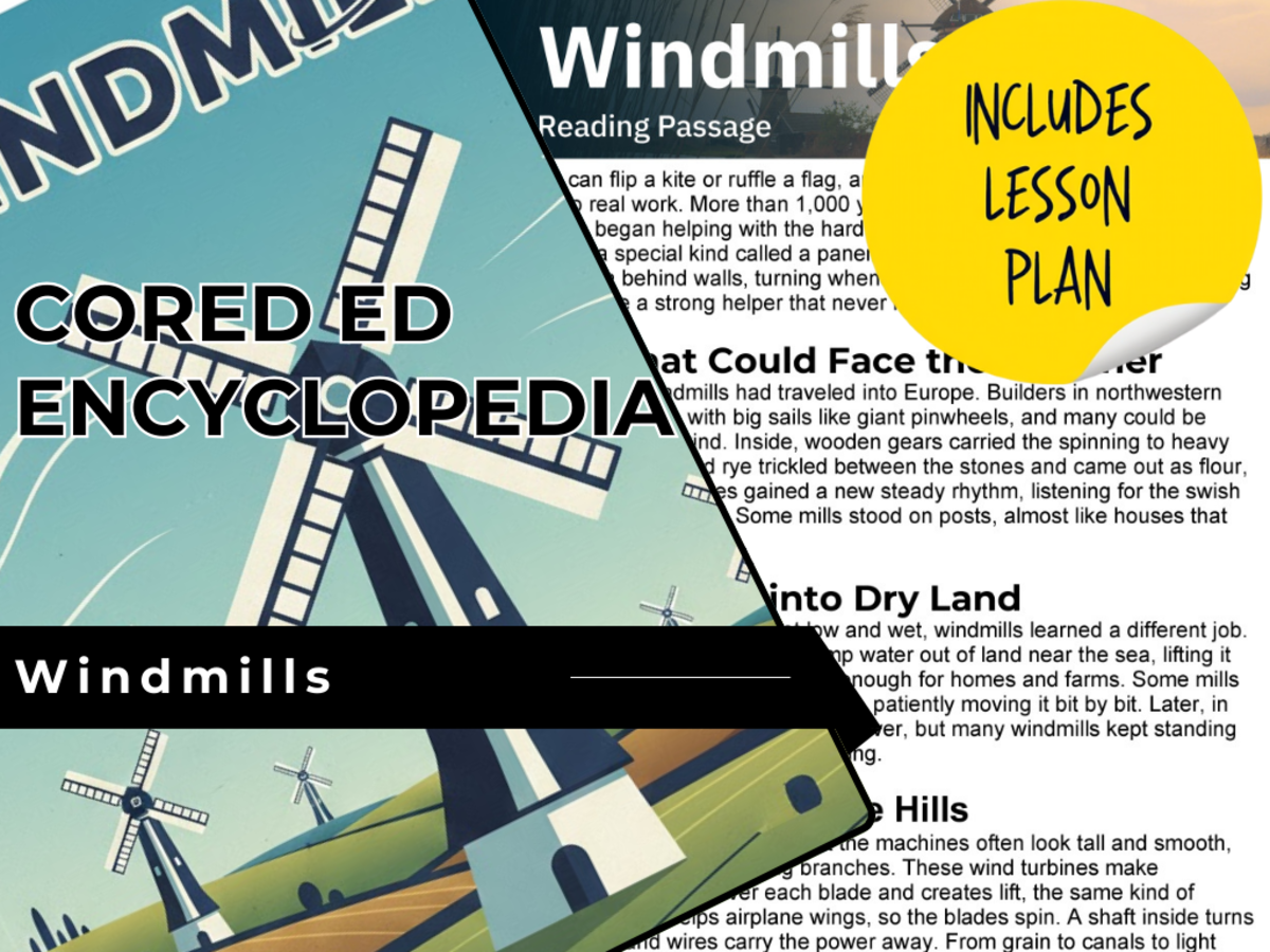 An educational teaching resource from Cored Education entitled Windmills Reading Comprehension Passage - Cored Ed Encyclopedia downloadable at Teach Simple.
