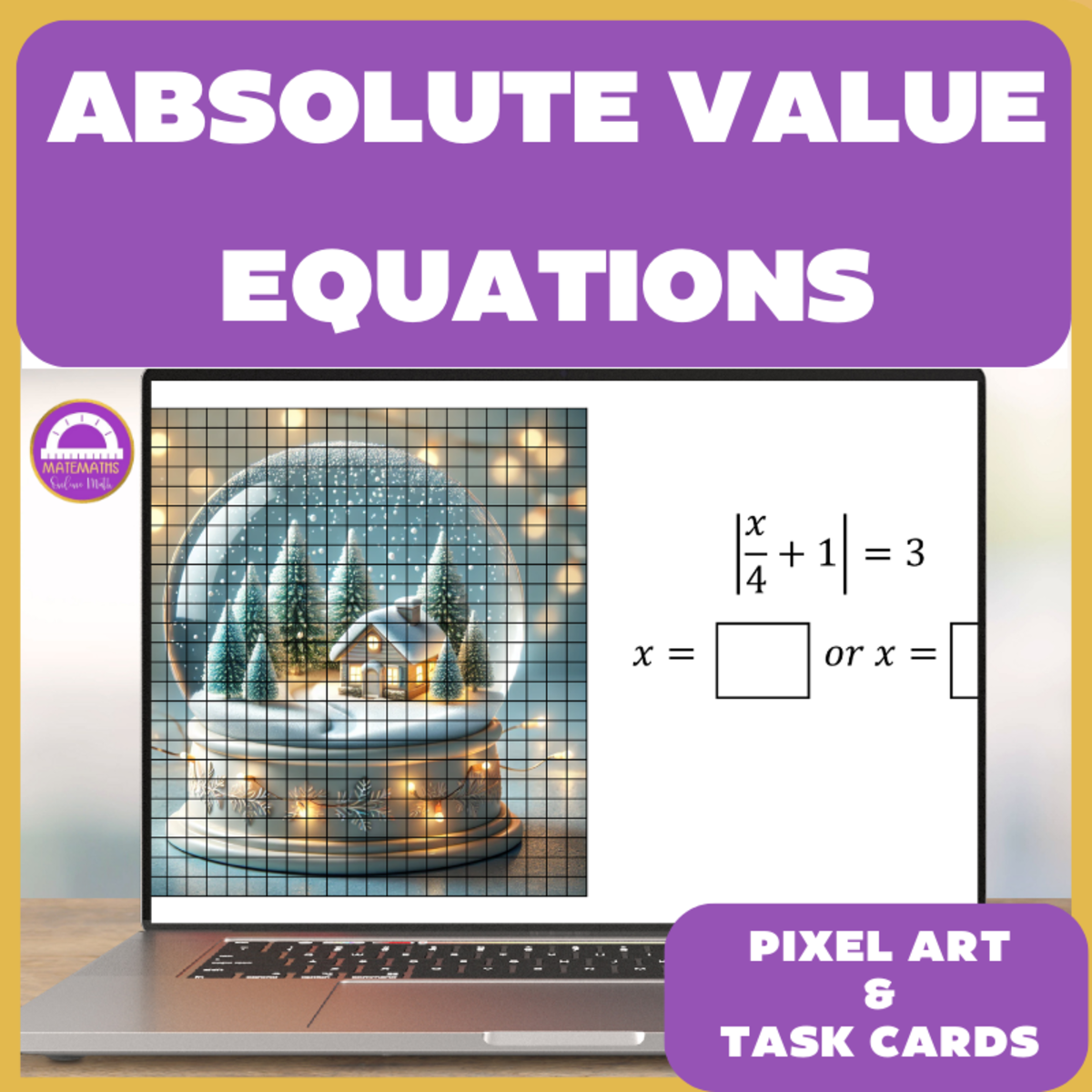 An educational teaching resource from Matemaths entitled Winter Absolute Value Equations Pixel Art and Printable Task Cards downloadable at Teach Simple.