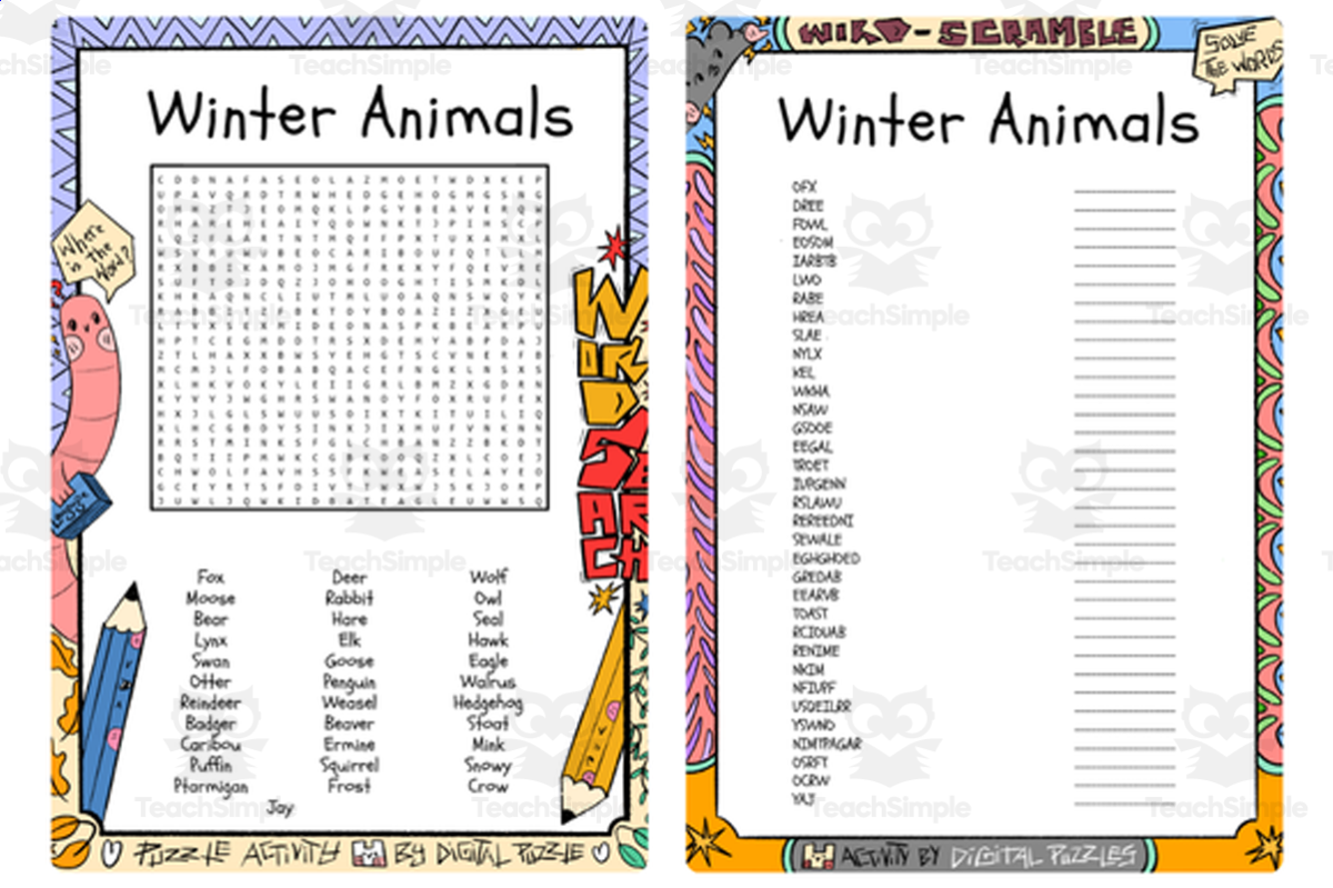 An educational teaching resource from Lapiiin Art Activities entitled Winter Animals word search & scramble downloadable at Teach Simple.