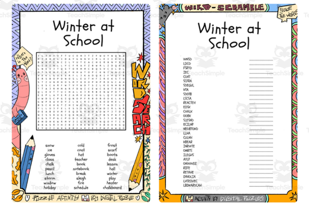 An educational teaching resource from Lapiiin Art Activities entitled Winter at School word search & scramble downloadable at Teach Simple.