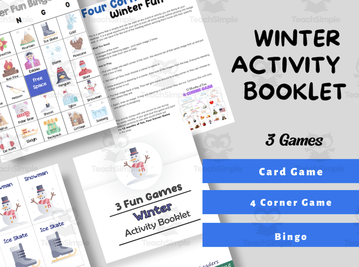 An educational teaching resource from Leader Connecting Leaders entitled Winter Bingo, Card and 4 Corner Game Activity Booklet downloadable at Teach Simple.