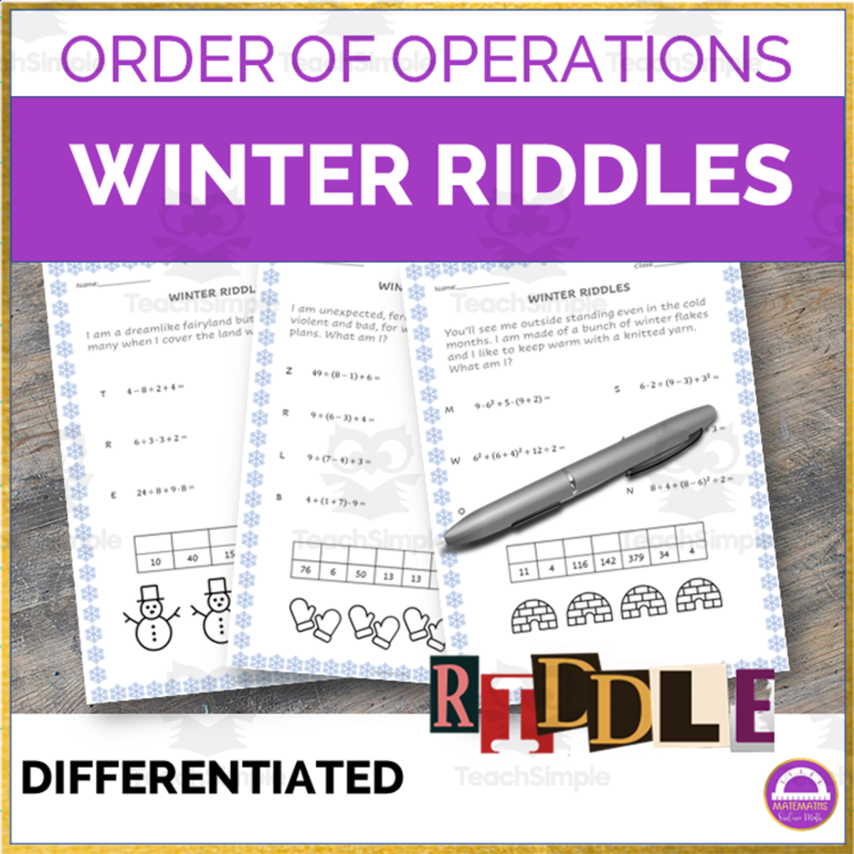 An educational teaching resource from Matemaths entitled Winter Christhmas Order of Operations Riddle | Math Activity downloadable at Teach Simple.