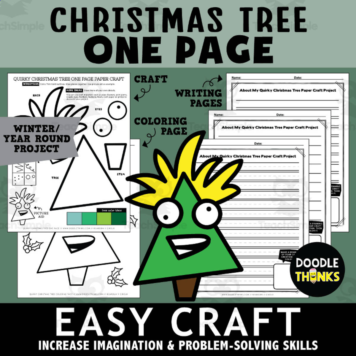 An educational teaching resource from Doodle Thinks entitled Winter Christmas Tree One Page Paper Craft Art Activities downloadable at Teach Simple.