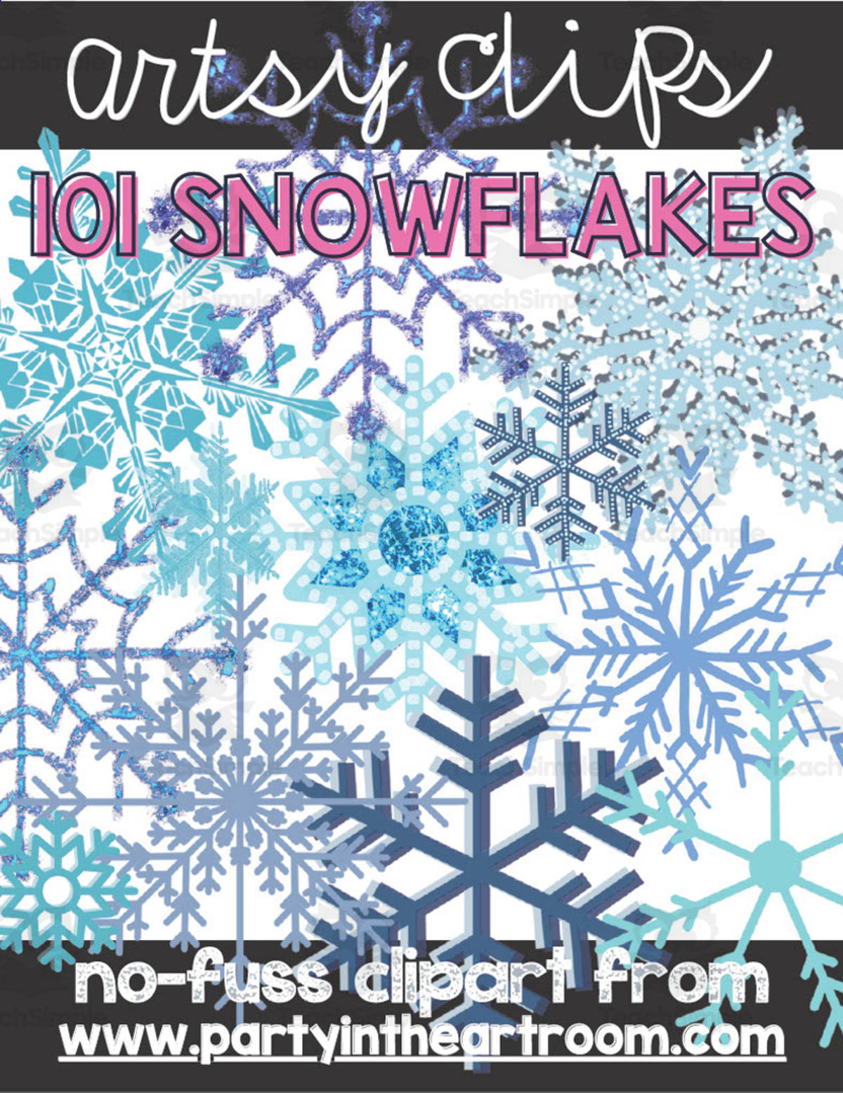 An educational teaching resource from Party in the Art Room - Arts & Crafts for Kids | Arts Integration entitled Winter Clip Art - 101 Snowflakes downloadable at Teach Simple.