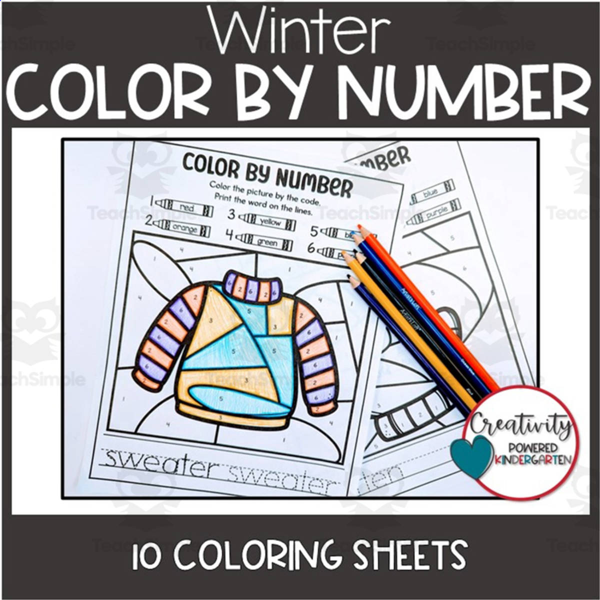 An educational teaching resource from Creativity Powered Kindergarten entitled Winter Color by Number, Winter Coloring Pages, Math Activity Sheets Coloring Activity, Winter Theme Activities for Homeschool, Kindergarten Classroom Actitivy downloadable at Teach Simple.