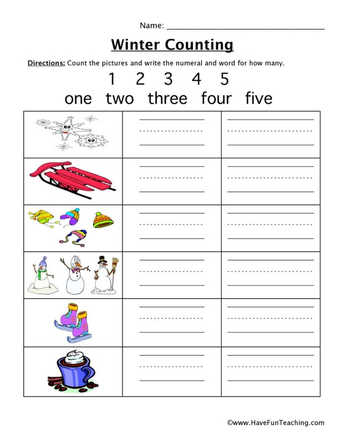 An educational teaching resource from Have Fun Teaching entitled Winter Counting 1-5 Worksheet downloadable at Teach Simple.