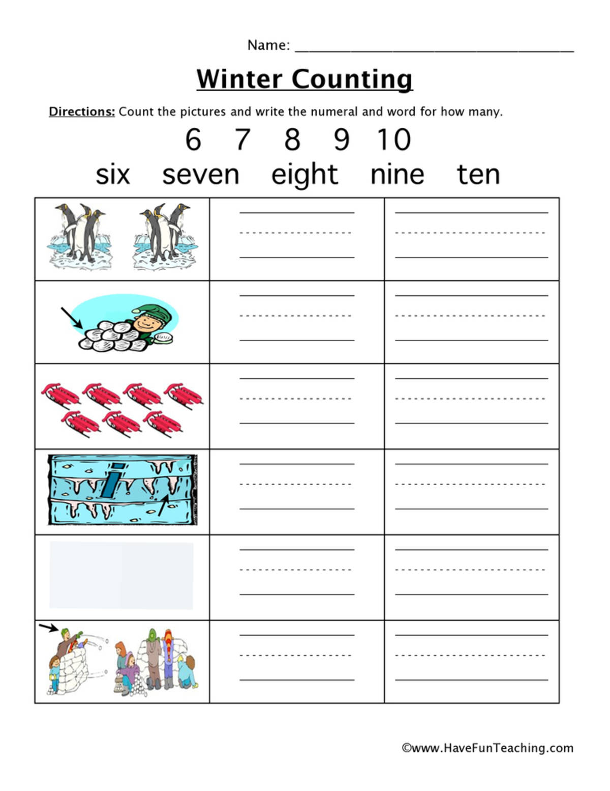 An educational teaching resource from Have Fun Teaching entitled Winter Counting 6-10 Worksheet downloadable at Teach Simple.