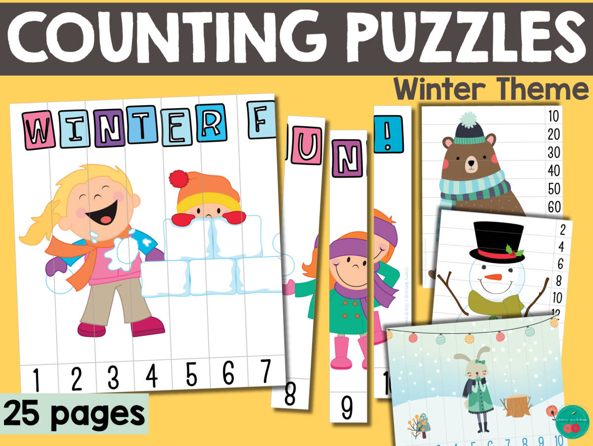 An educational teaching resource from Cherry Workshop entitled Winter Counting Puzzles downloadable at Teach Simple.