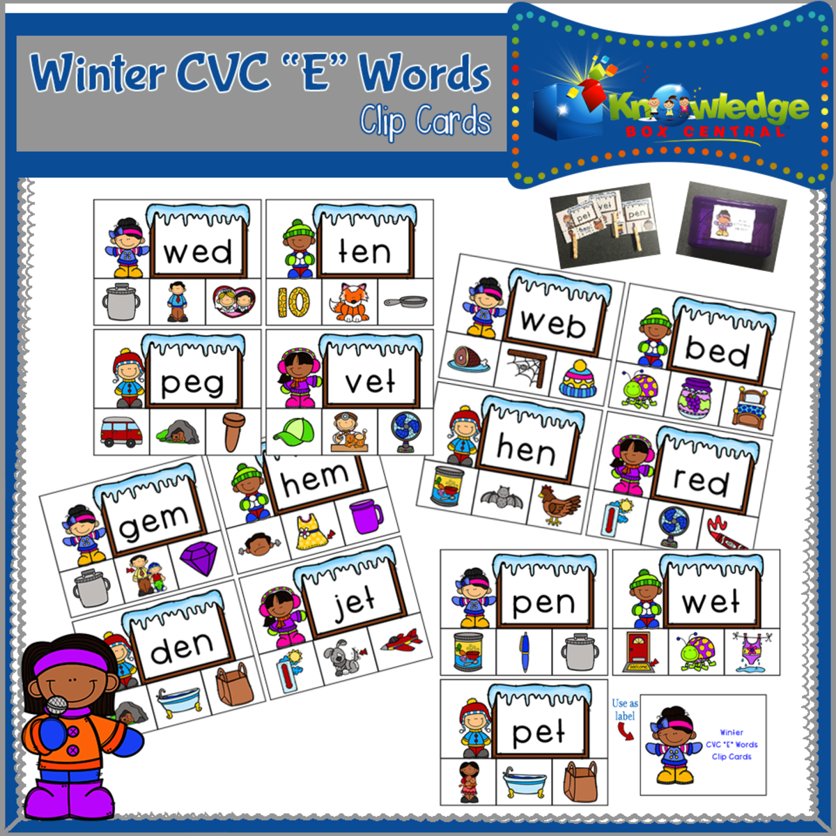 An educational teaching resource from Knowledge Box Central entitled Winter CVC "E" Words Clip Cards - EBOOK downloadable at Teach Simple.
